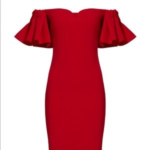 Badgley Mischka Red Off Shoulder Ruffle Dress